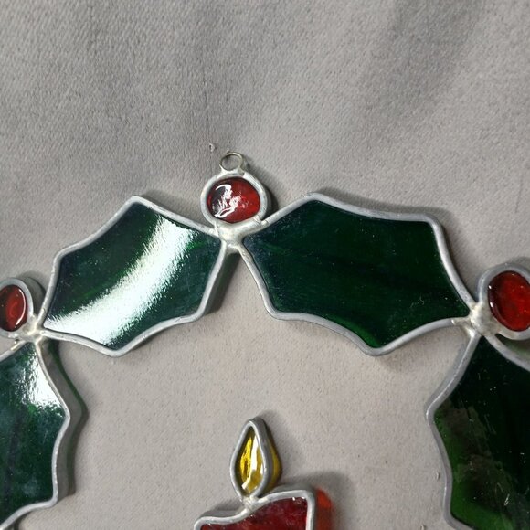Holly Berries Candle Wreath Suncather Stained Glass Ornament 7 1/2" - Picture 4 of 7